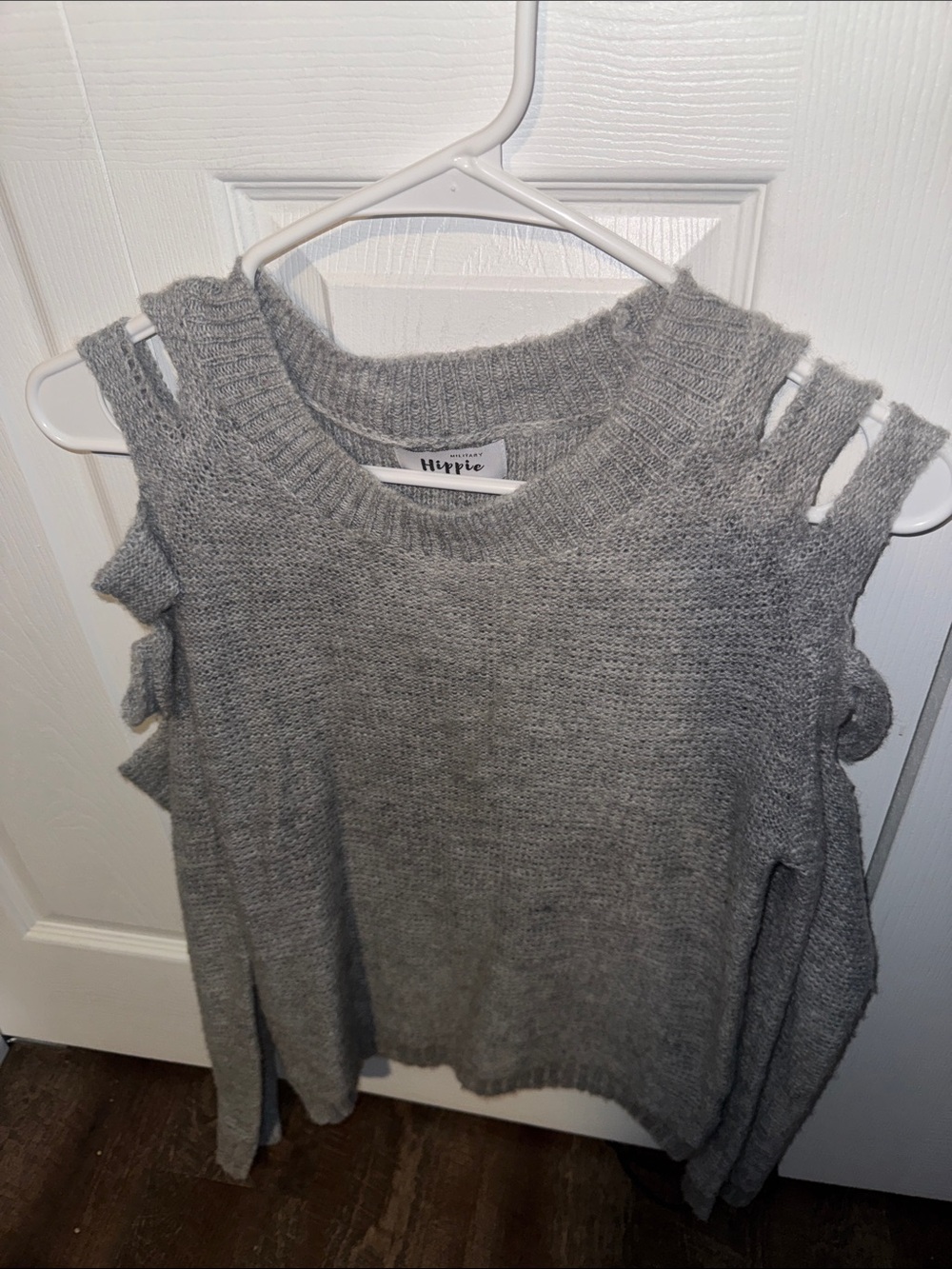 Grey Cold-Shoulder Knit Crewneck Sweater
